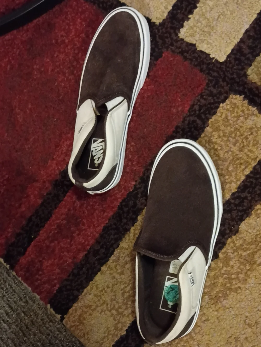 Vans Men's Brown Suede Slip-On Loafers with Cream Side Panels Size 7.5